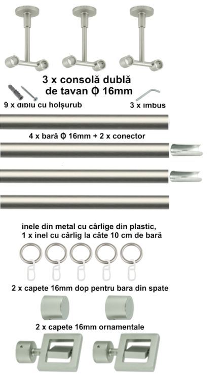 Galerie Metalică Saturn, dublă, de tavan, cu inele, 16mm, satin nichel (argintiu mat)