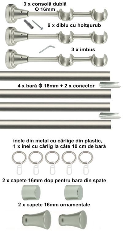 Galerie Metalică Monaco, dublă, clasică, cu inele, 16mm, satin nichel (argintiu mat)