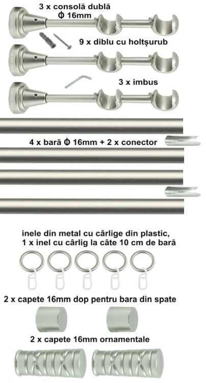 Galerie Metalică Striat, dublă, clasică, cu inele, 16mm, satin nichel (argintiu mat)