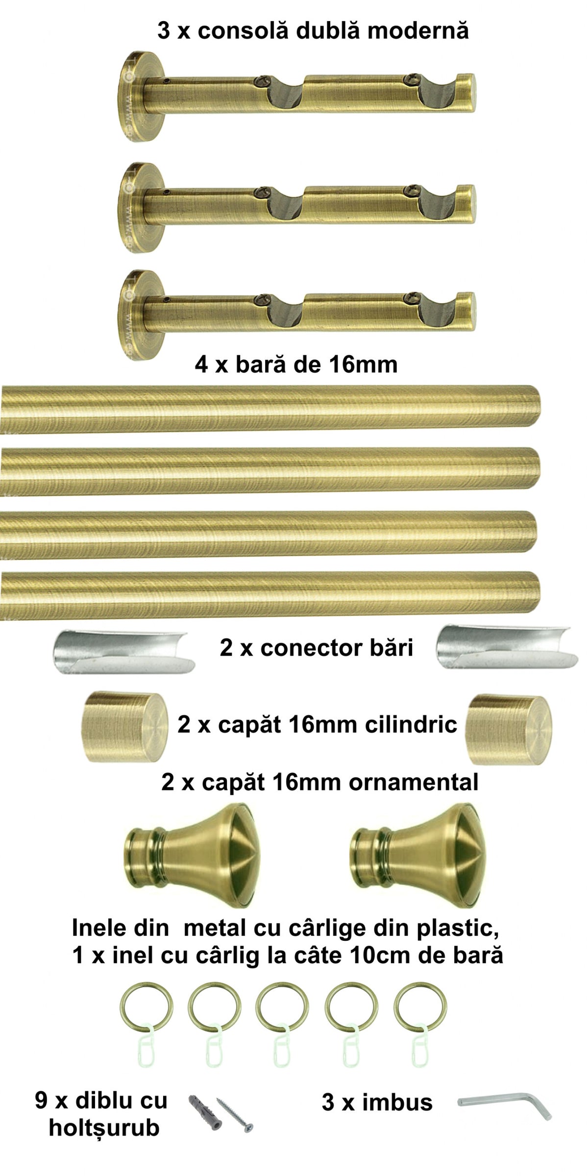 Galerie Metalică Conic, dublă, modernă, cu inele, 16mm, antique brass (auriu antic)