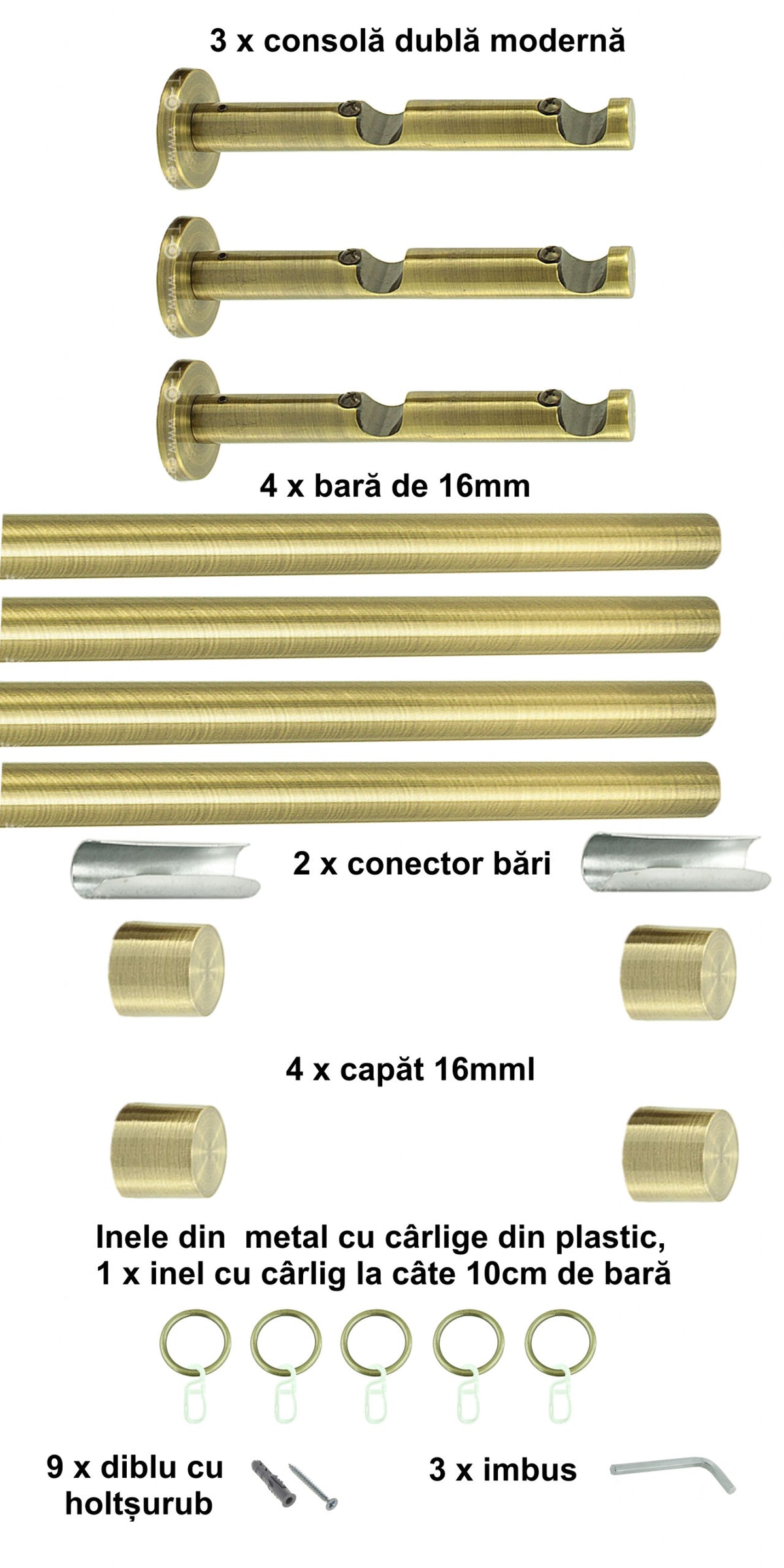 Galerie Metalică Luna, dublă, modernă, cu inele, 16mm, antique brass (auriu antic)