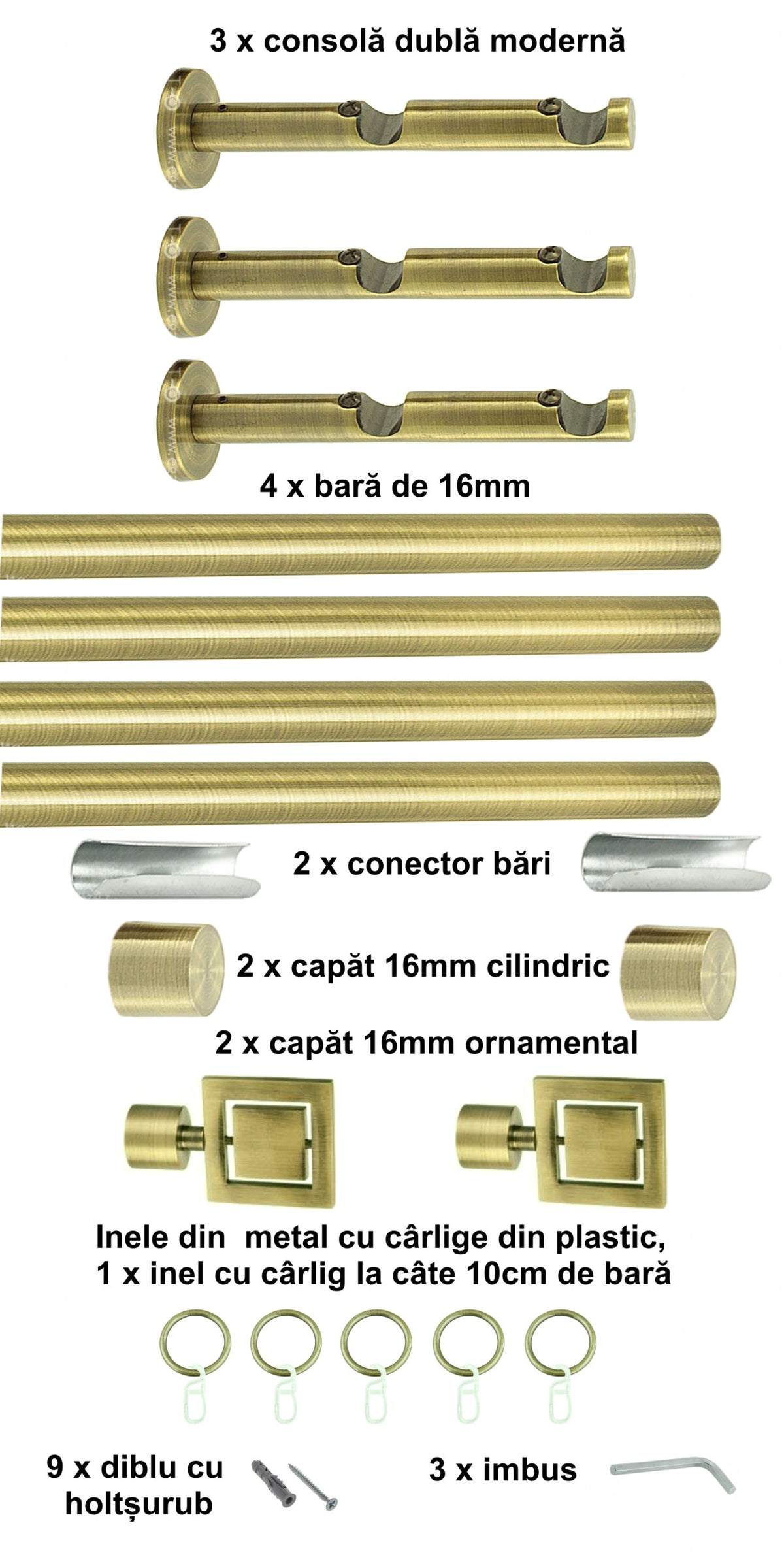 Galerie Metalică Saturn, dublă, modernă, cu inele, 16mm, antique brass (auriu antic)