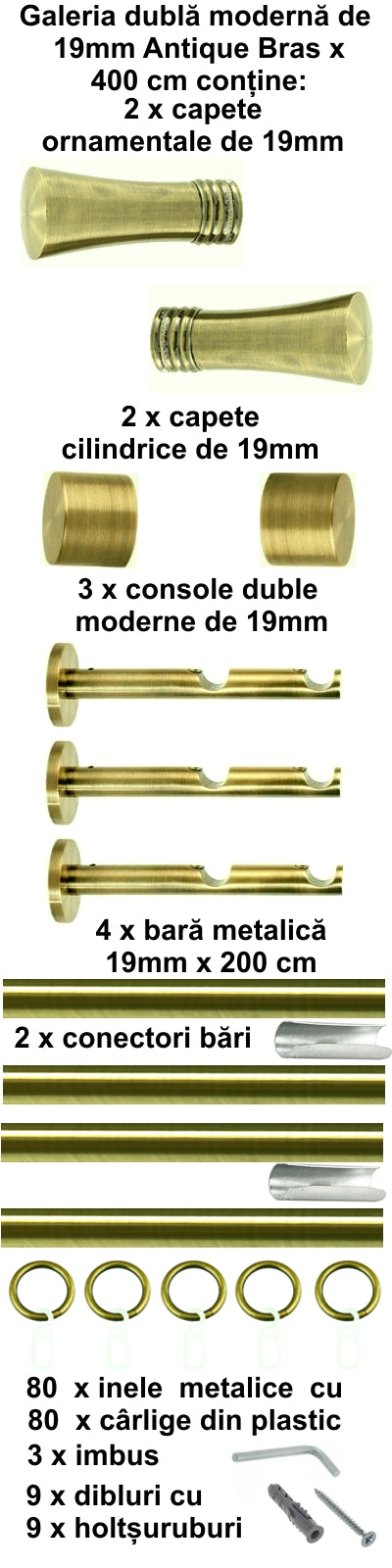 Galerie Metalică Ahile, dublă, modernă, cu inele, 19mm, antique brass (auriu antic)