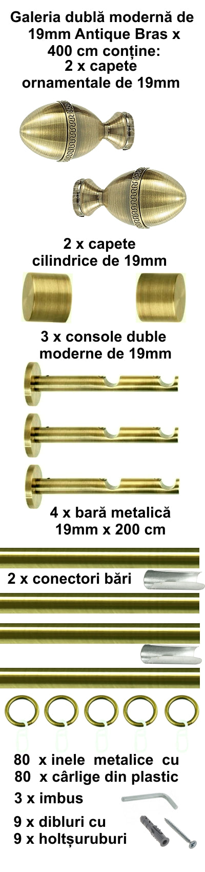 Galerie Metalică Cezar, dublă, modernă, cu inele, 19mm, antique brass (auriu antic)