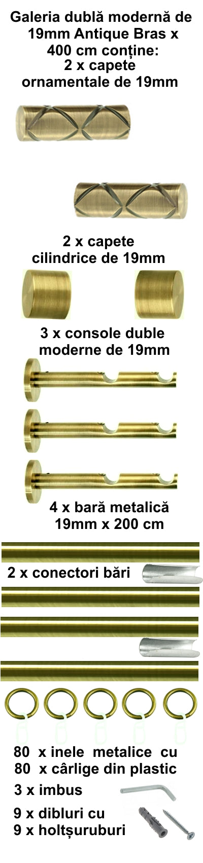 Galerie Metalică Ciel, dublă, modernă, cu inele, 19mm, antique brass (auriu antic)