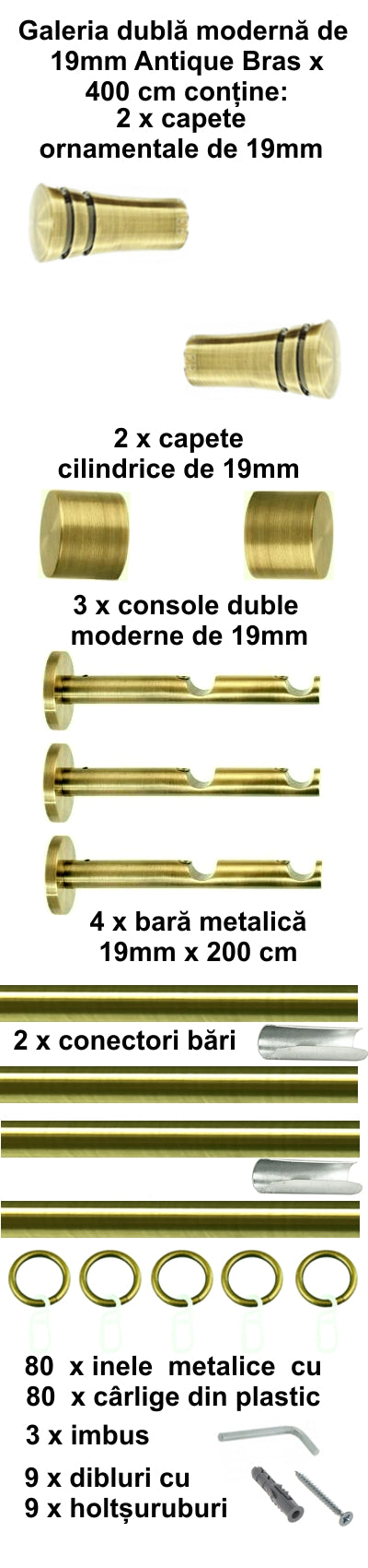Galerie Metalică Paola, dublă, modernă, cu inele, 19mm, antique brass (auriu antic)