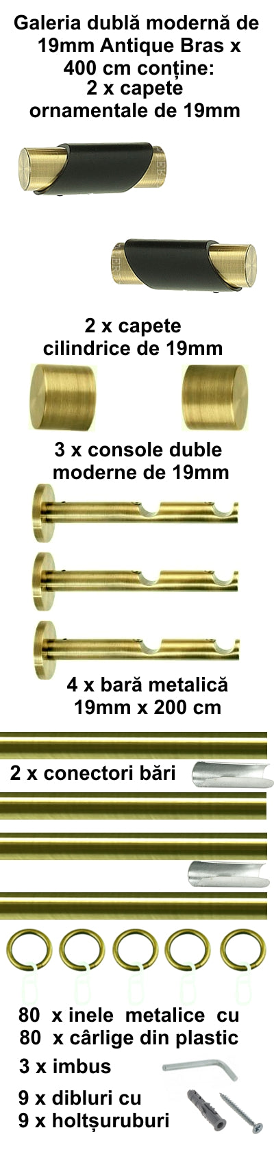 Galerie Metalică Paris, dublă, modernă, cu inele, 19mm, antique brass (auriu antic)