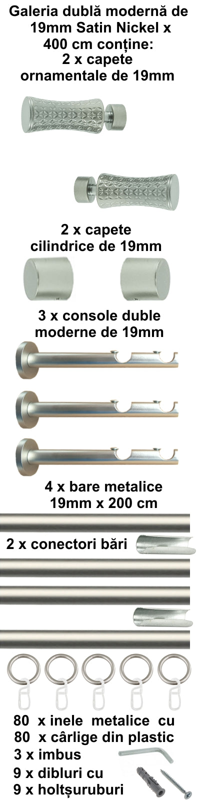 Galerie Metalică Jaris, dublă, modernă, cu inele, 19mm, satin nichel (argintiu mat)