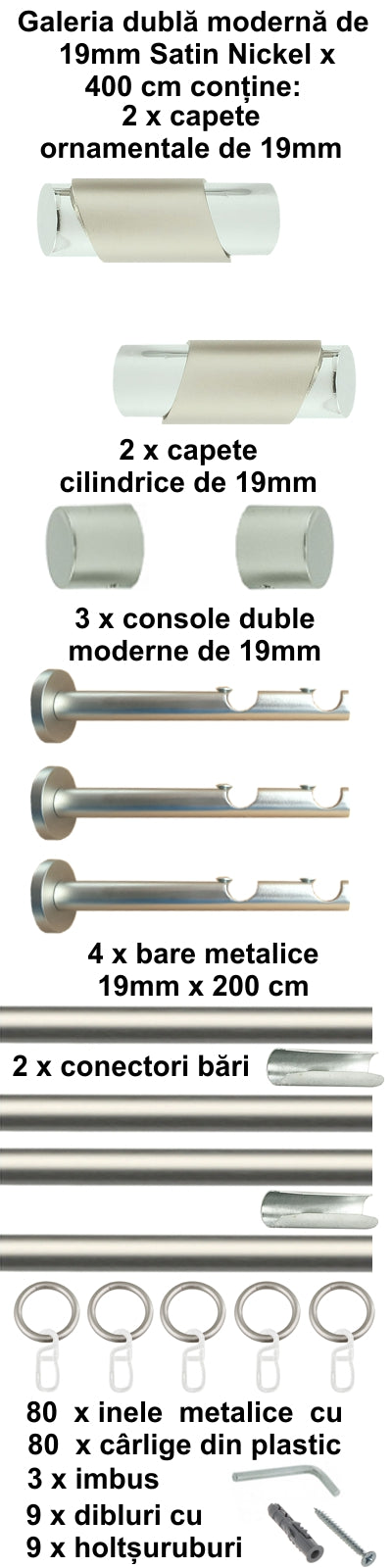 Galerie Metalică Paris, dublă, modernă, cu inele, 19mm, satin nichel (argintiu mat)