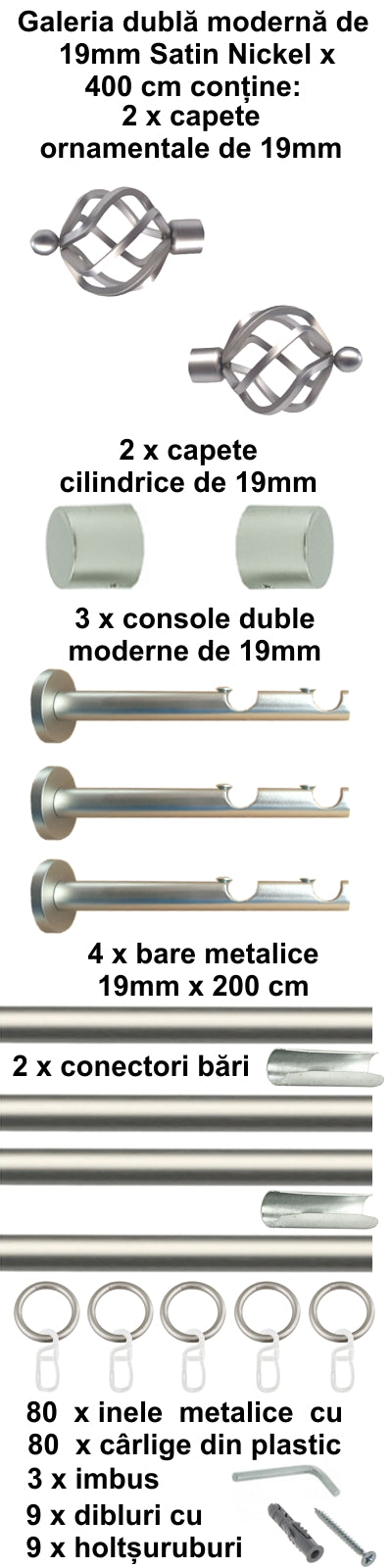 Galerie Metalică Torso, dublă, modernă, cu inele, 19mm, satin nichel (argintiu mat)