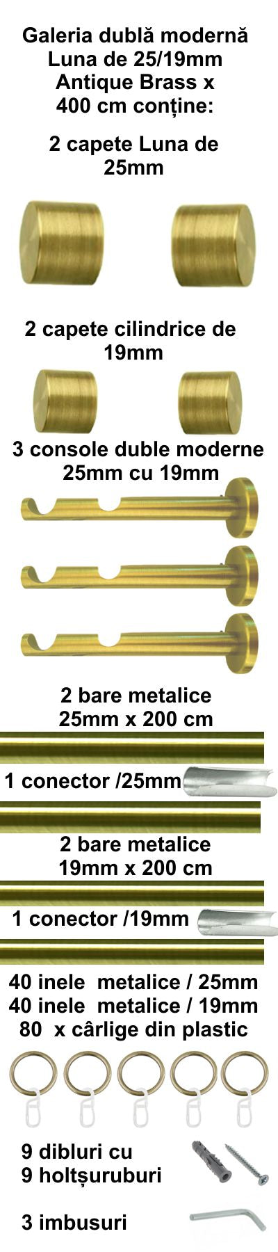 Galerie Metalică Luna, dublă, modernă, cu inele, 25mm, antique brass (auriu antic)