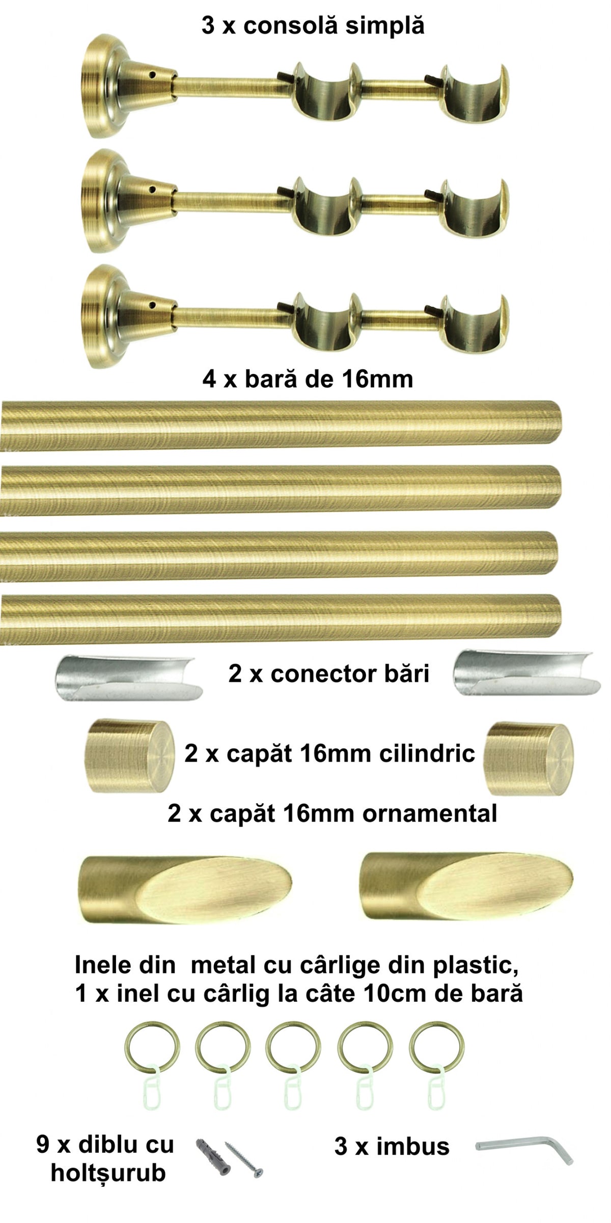 Galerie Metalică Alexia, dublă, clasică, cu inele, 16mm, antique brass (auriu antic)