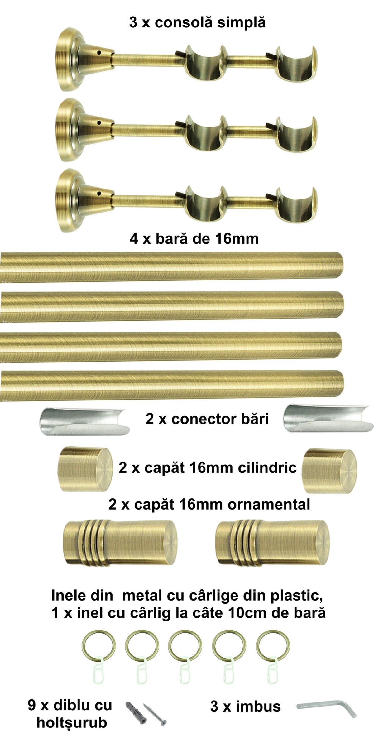 Galerie Metalică Celtex, dublă, clasică, cu inele, 16mm, antique brass (auriu antic)