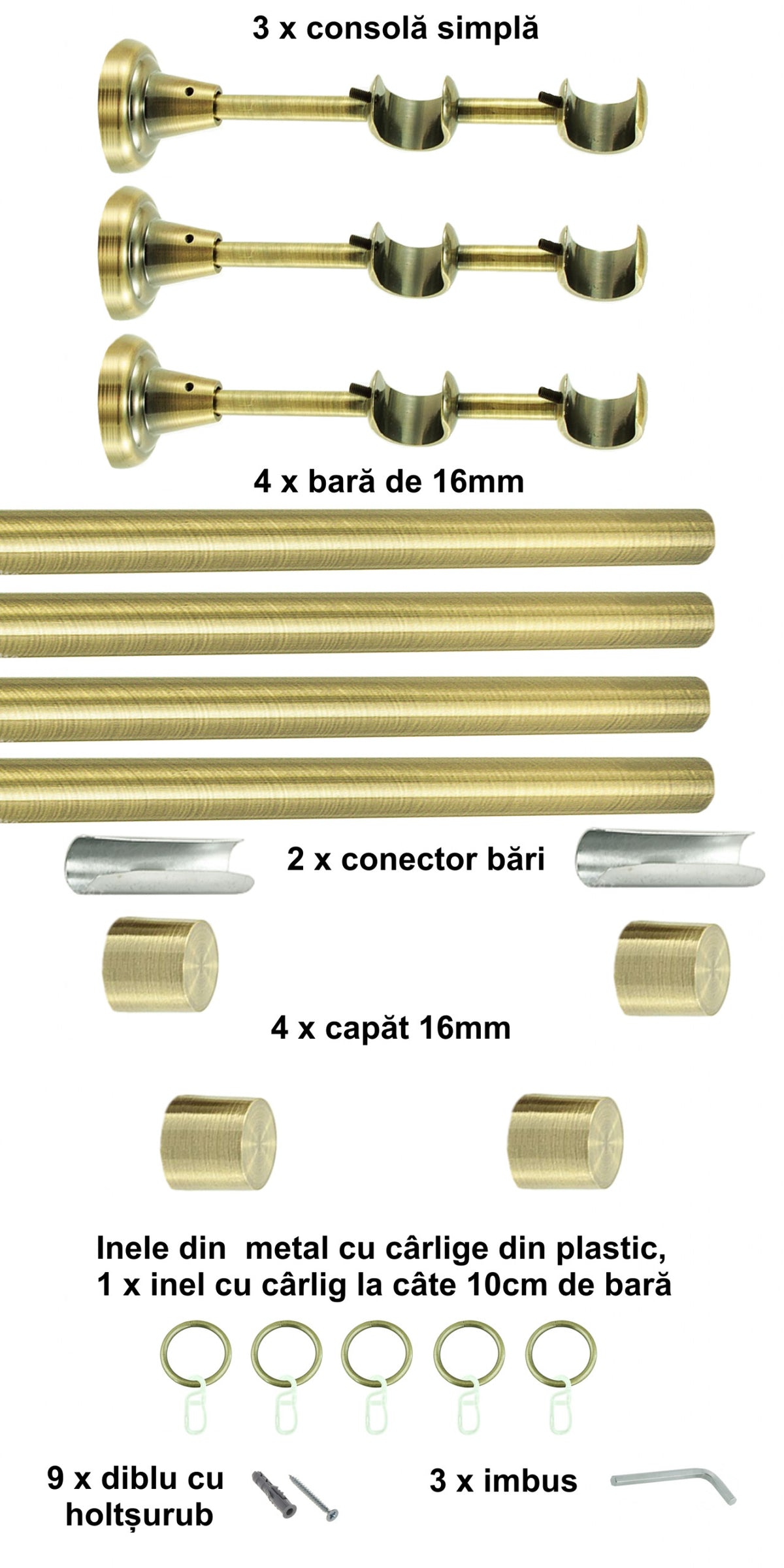 Galerie Metalică Luna, dublă, clasică, cu inele, 16mm, antique brass (auriu antic)