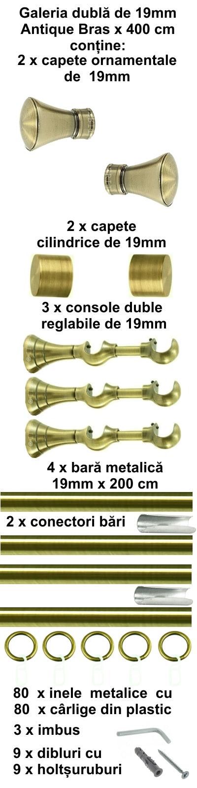 Galerie Metalică Conic, dublă, clasică, cu inele, 19mm, antique brass (auriu antic)