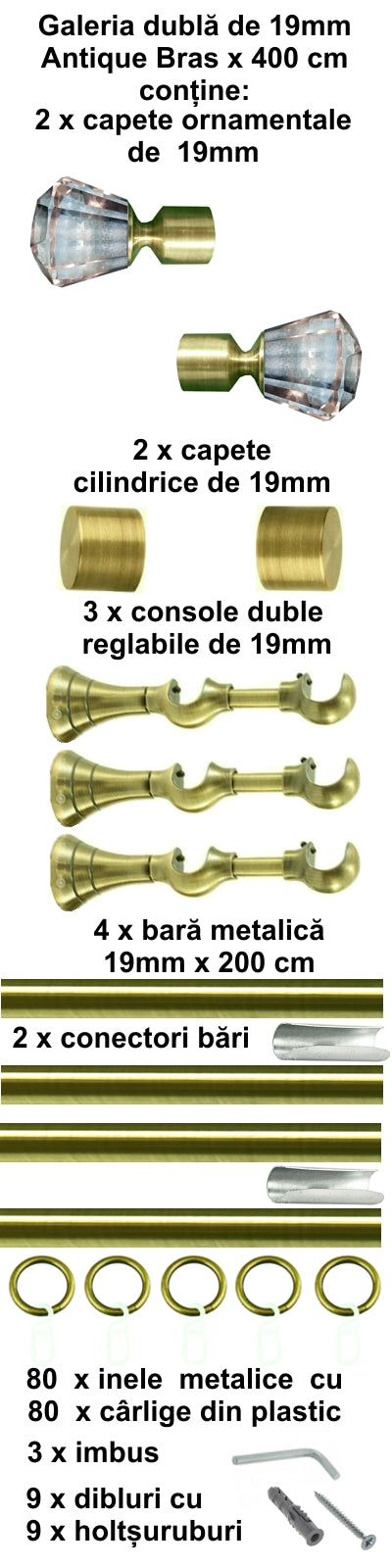Galerie Metalică Cristal, dublă, clasică, cu inele, 19mm, antique brass (auriu antic)