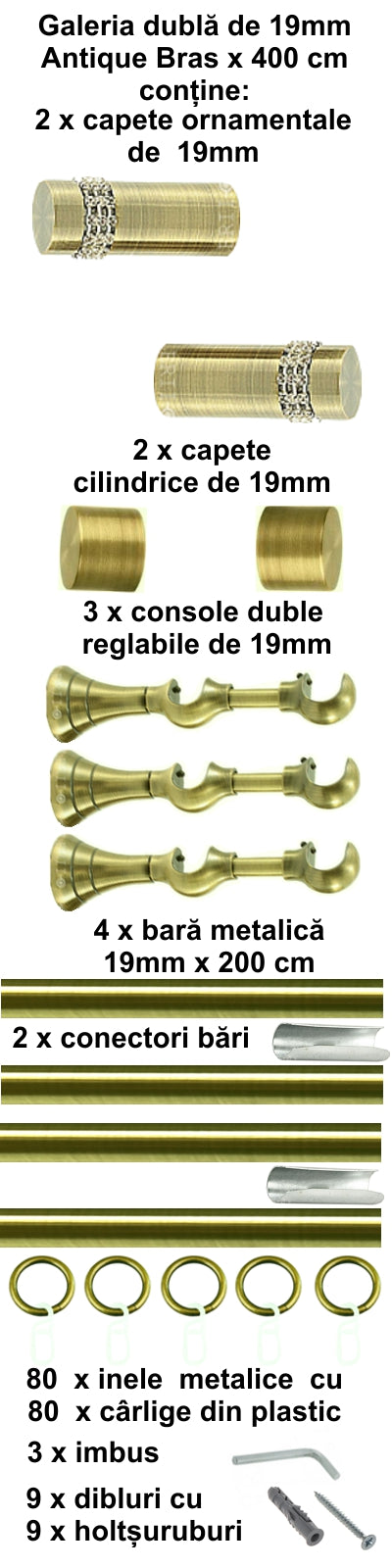 Galerie Metalică Dios, dublă, clasică, cu inele, 19mm, antique brass (auriu antic)