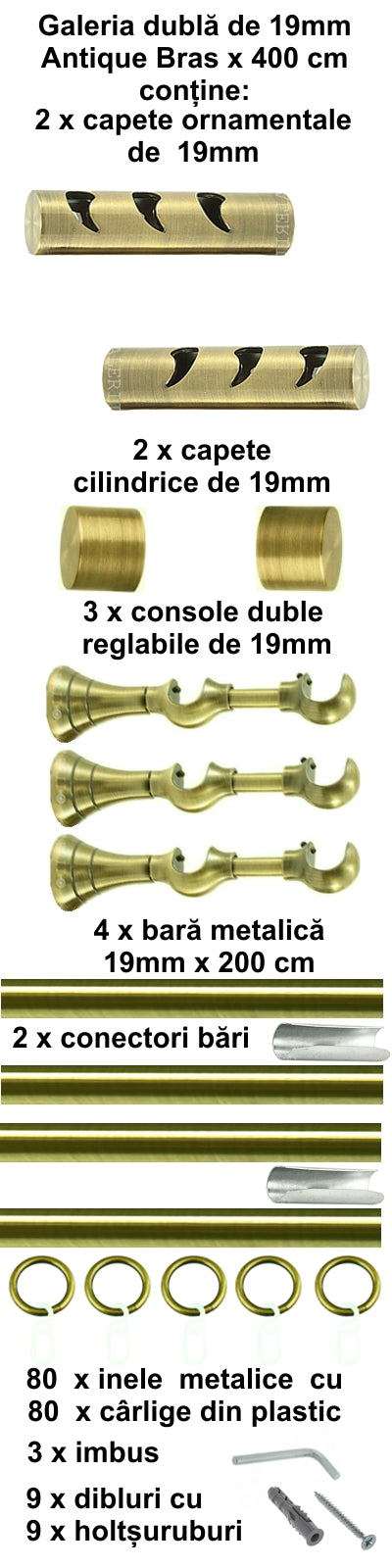 Galerie Metalică Drop, dublă, clasică, cu inele, 19mm, antique brass (auriu antic)