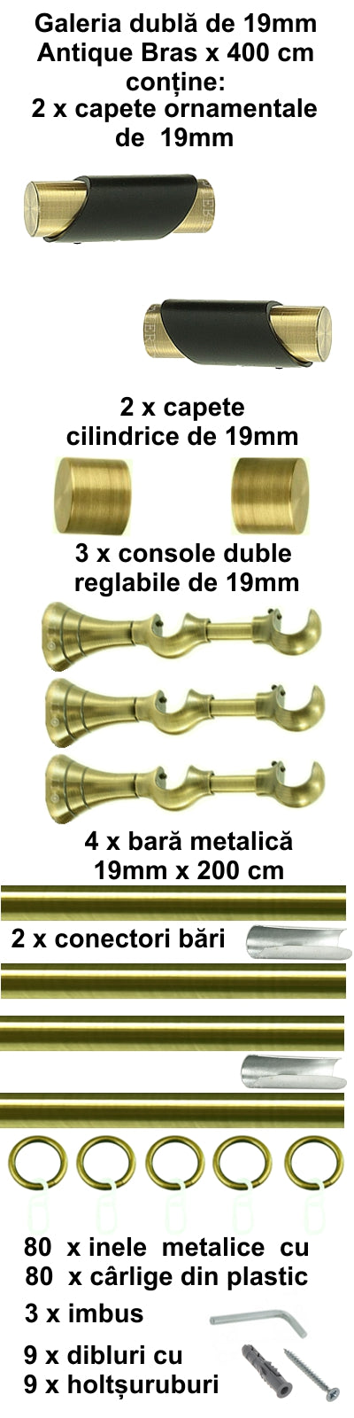 Galerie Metalică Paris, dublă, clasică, cu inele, 19mm, antique brass (auriu antic)
