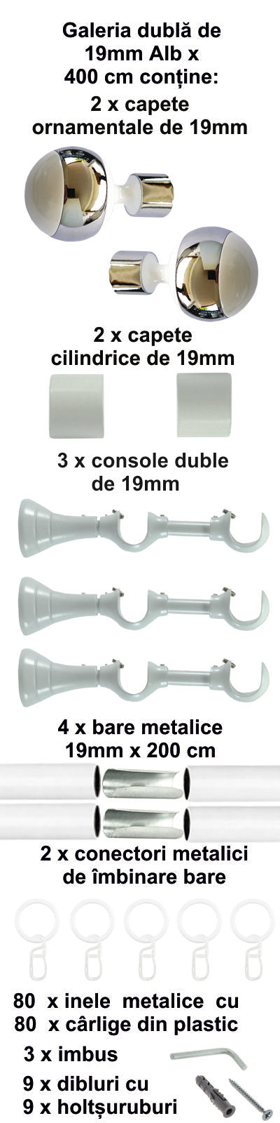 Galerie Metalică Mirror, dublă, clasică, cu inele, 19mm, Alb