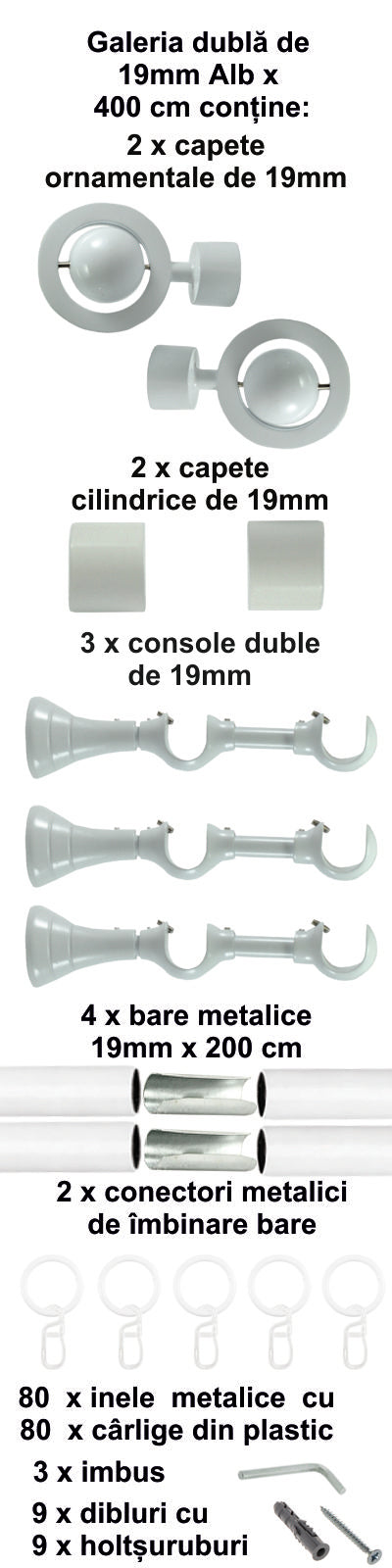 Galerie Metalică Seti, dublă, clasică, cu inele, 19mm, Alb
