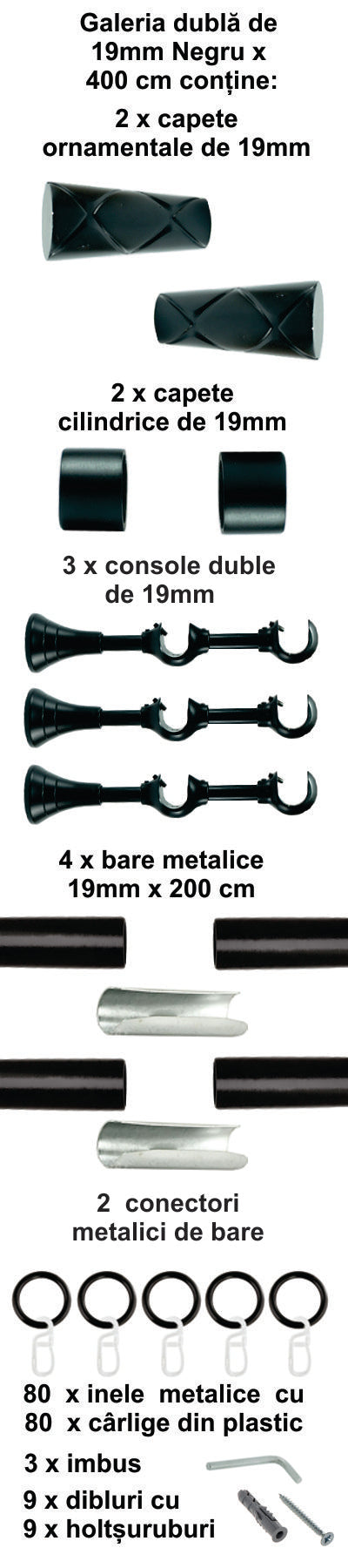 Galerie Metalică Zeus, dublă, clasică, cu inele, 19mm, Negru