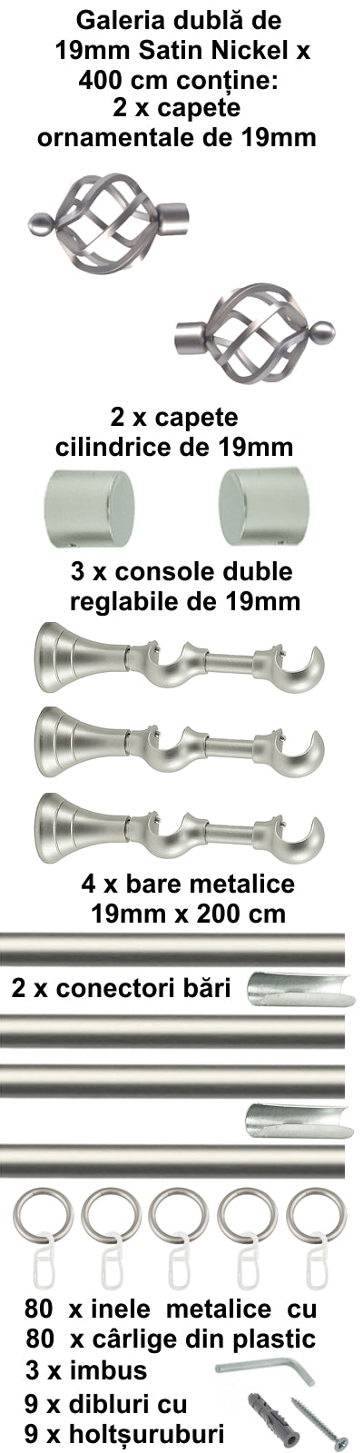 Galerie Metalică Torso, dublă, clasică, cu inele, 19mm, satin nichel (argintiu mat)