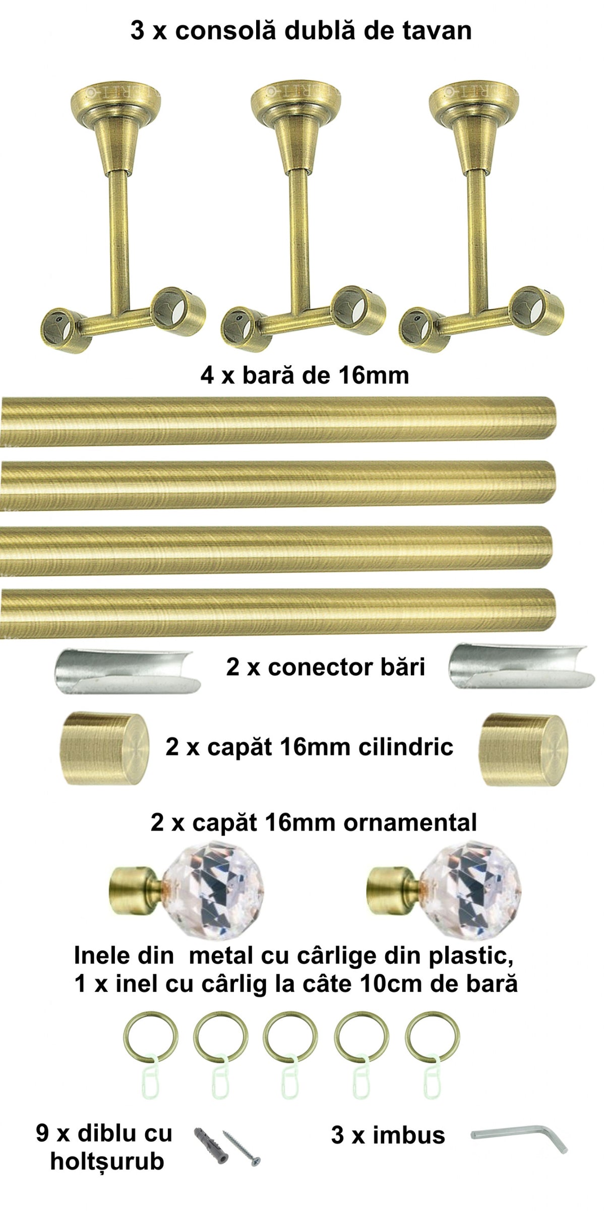 Galerie Metalică Cristal, dublă, de tavan, cu inele, 16mm, antique brass (auriu antic)