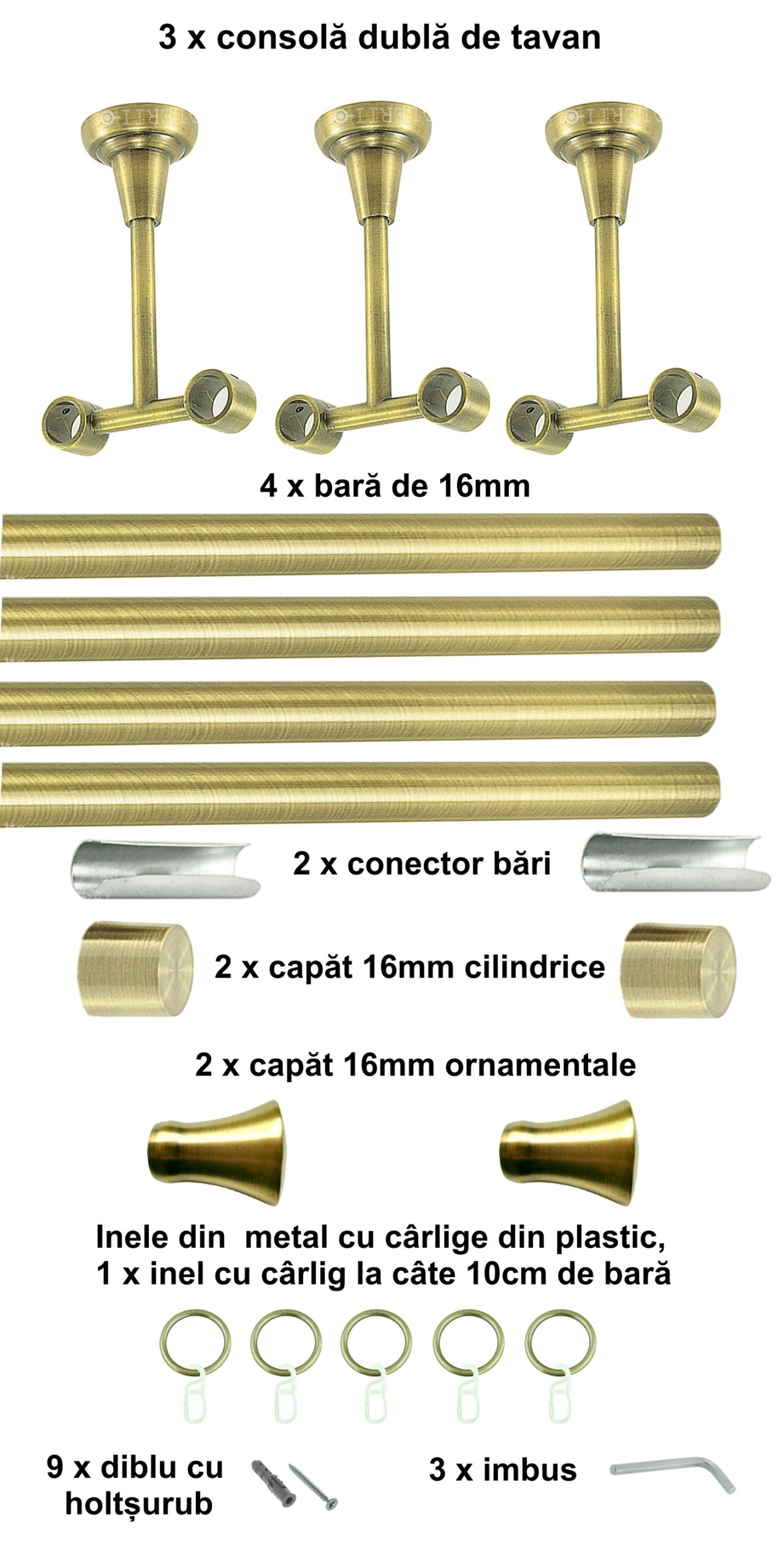 Galerie Metalică Monaco, dublă, de tavan, cu inele, 16mm, antique brass (auriu antic)