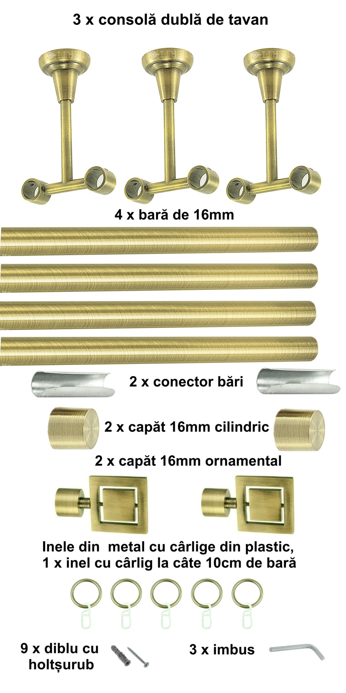 Galerie Metalică Saturn, dublă, de tavan, cu inele, 16mm, antique brass (auriu antic)