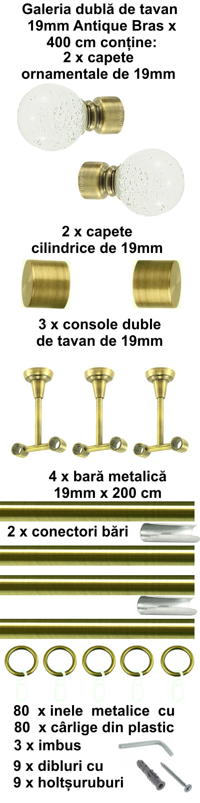 Galerie Metalică Buble, dublă, de tavan, cu inele, 19mm, antique brass (auriu antic)