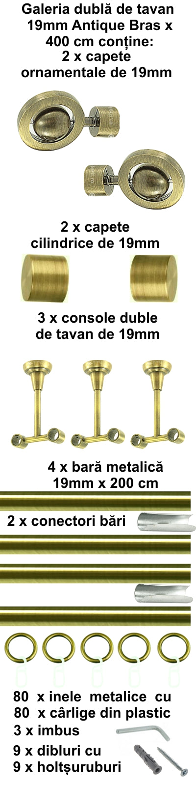 Galerie Metalică Seti, dublă, de tavan, cu inele, 19mm, antique brass (auriu antic)