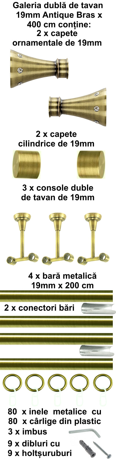 Galerie Metalică Sigma, dublă, de tavan, cu inele, 19mm, antique brass (auriu antic)