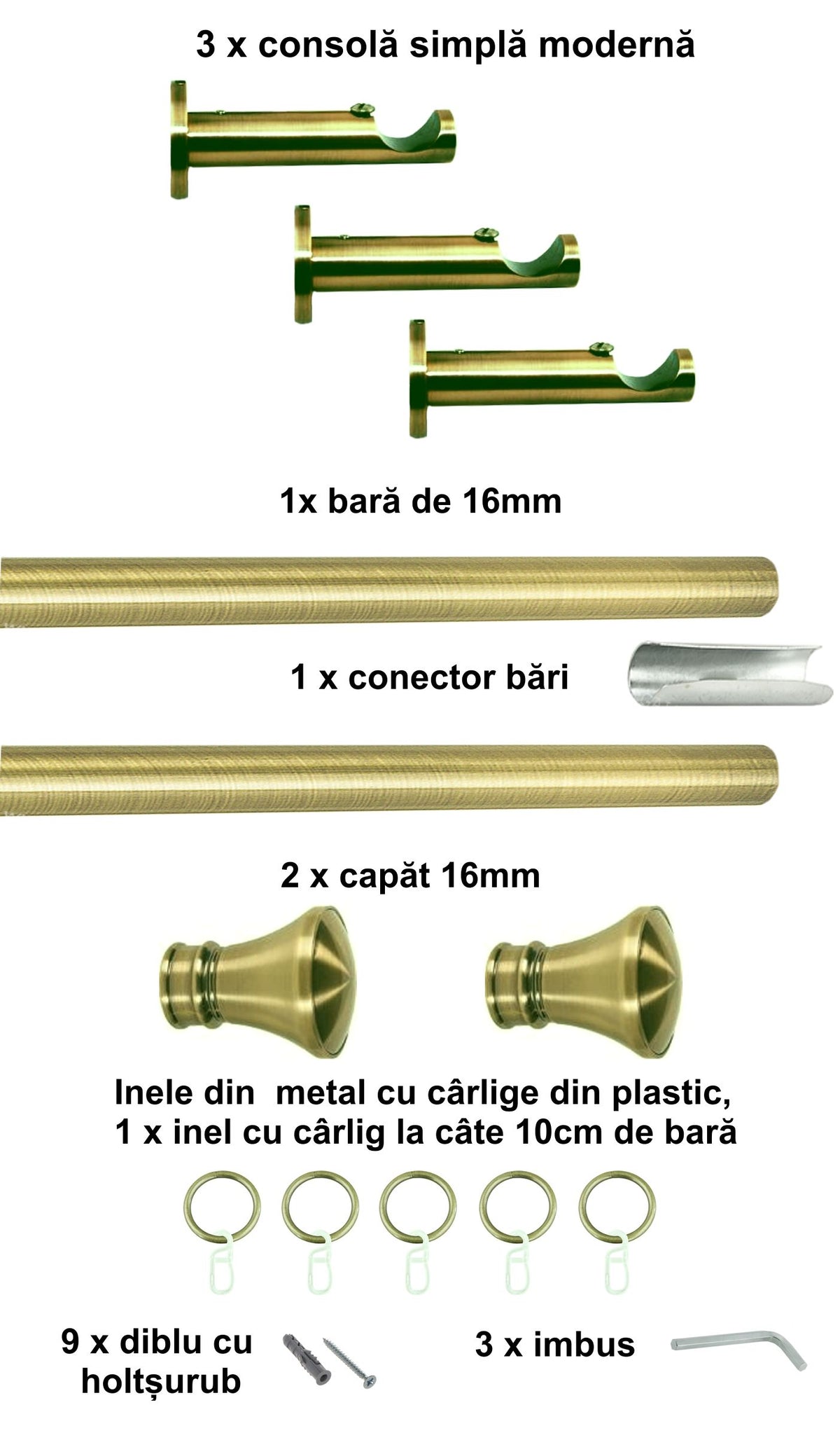 Galerie Metalică Conic, simplă, modernă, cu inele, 16mm, antique brass (auriu antic)