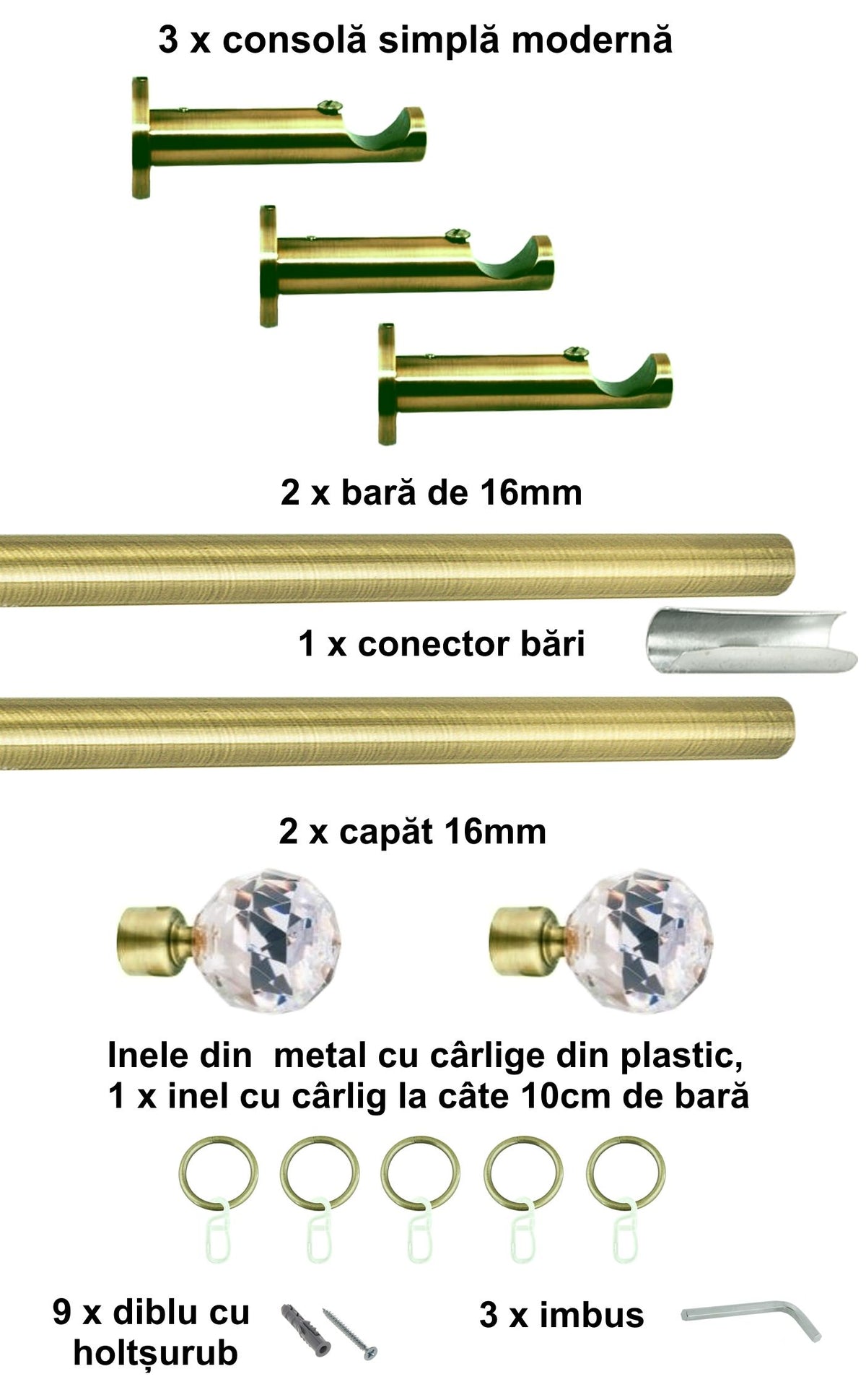 Galerie Metalică Cristal, simplă, modernă, cu inele, 16mm, antique brass (auriu antic)