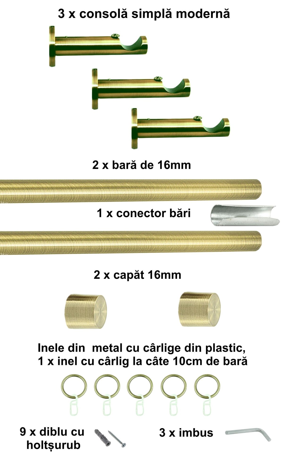 Galerie Metalică Luna, simplă, modernă, cu inele, 16mm, antique brass (auriu antic)