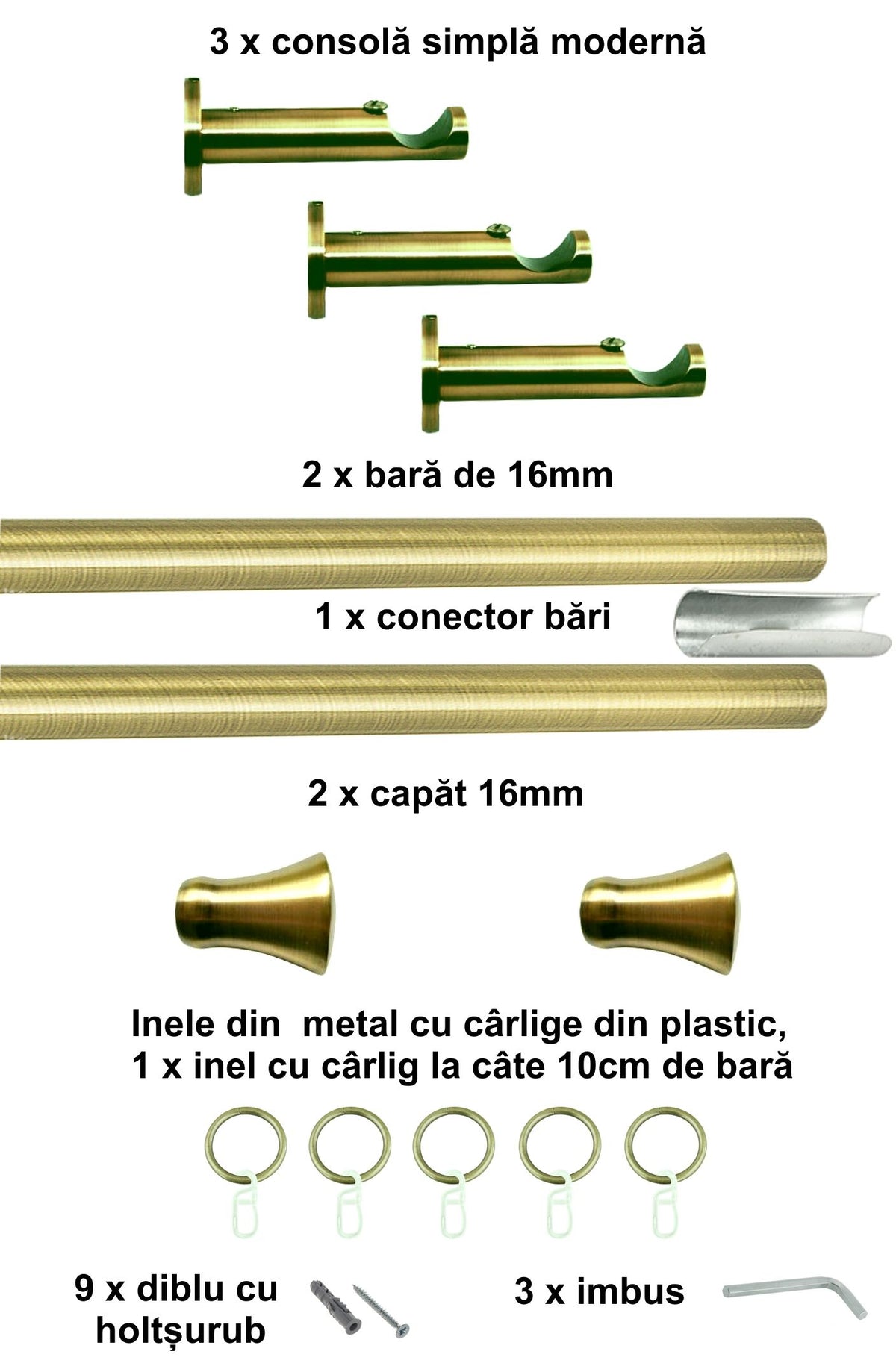 Galerie Metalică Monaco, simplă, modernă, cu inele, 16mm, antique brass (auriu antic)