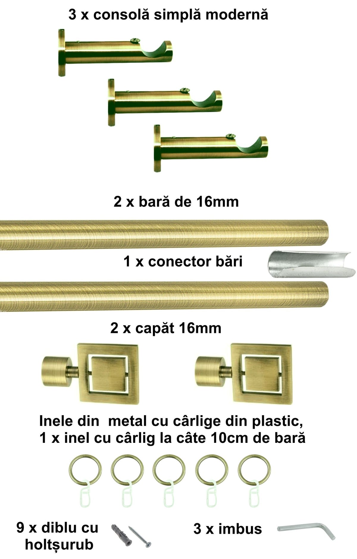 Galerie Metalică Saturn, simplă, modernă, cu inele, 16mm, antique brass (auriu antic)