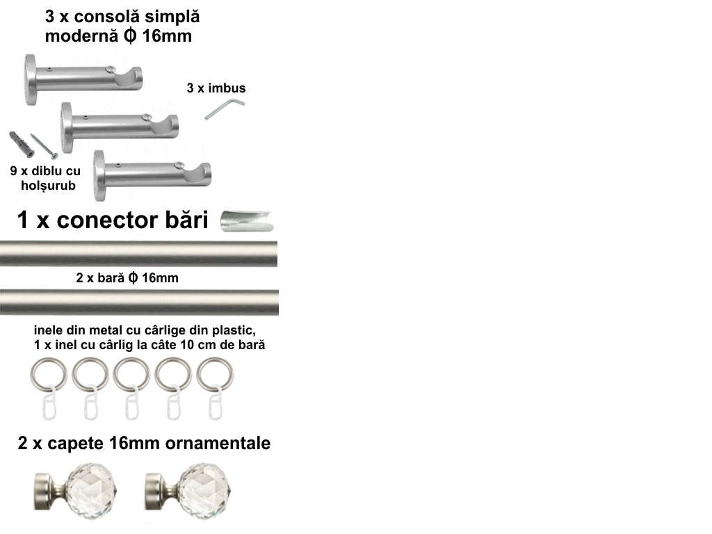 Galerie Metalică Cristal, simplă, modernă, cu inele, 16mm, satin nichel (argintiu mat)