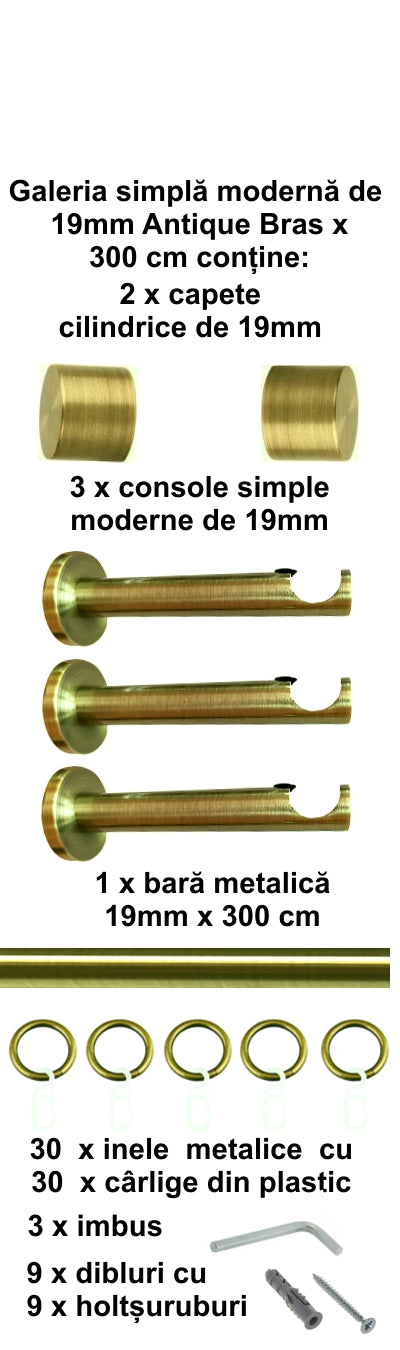 Galerie Metalică Luna, simplă, modernă, cu inele, 19mm, antique brass (auriu antic)