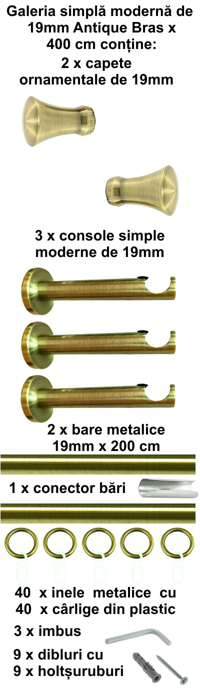 Galerie metalica Monaco simpla moderna 19mm x 4.0m, antique brass (auriu antic)