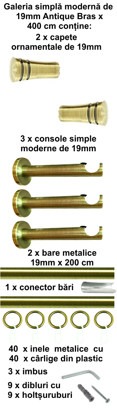 Galerie metalica Paola simpla moderna 19mm x 4.0m, antique brass (auriu antic)