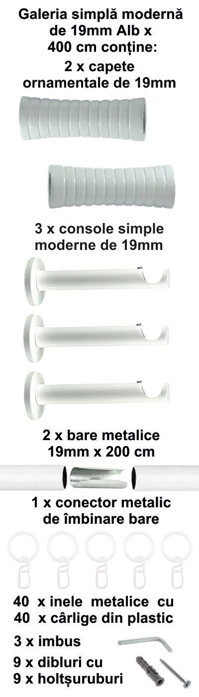 Galerie Metalică Febris, simplă, modernă, cu inele, 19mm, Alb