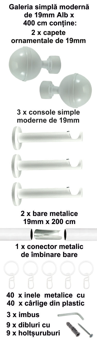 Galerie Metalică Kalisto, simplă, modernă, cu inele, 19mm, Alb