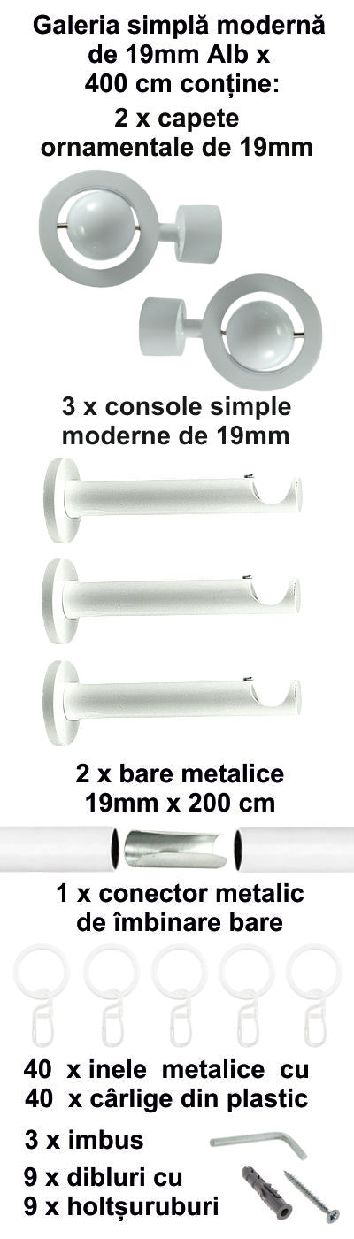Galerie Metalică Seti, simplă, modernă, cu inele, 19mm, Alb
