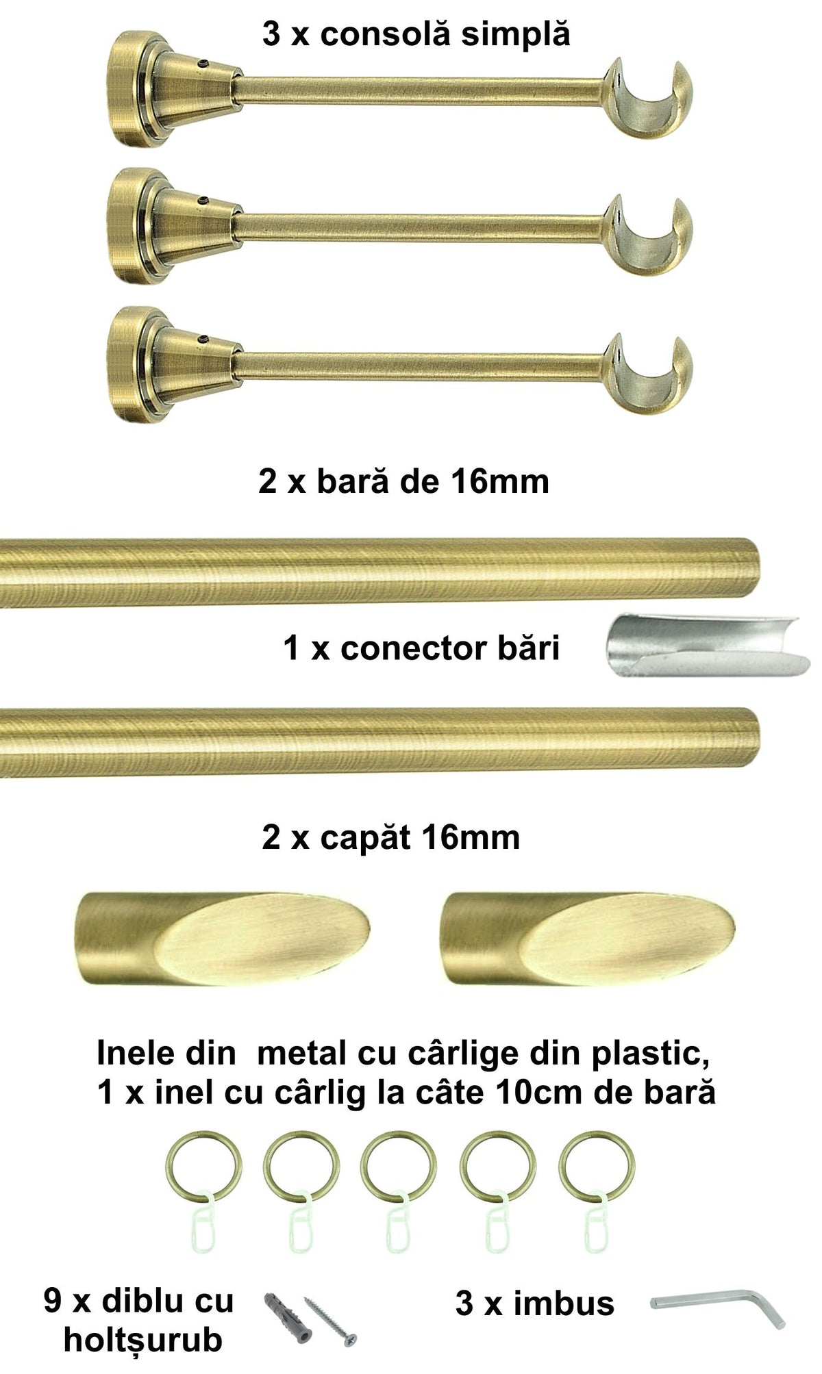 Galerie Metalică Alexia, simplă, clasică, cu inele, 16mm, antique brass (auriu antic)
