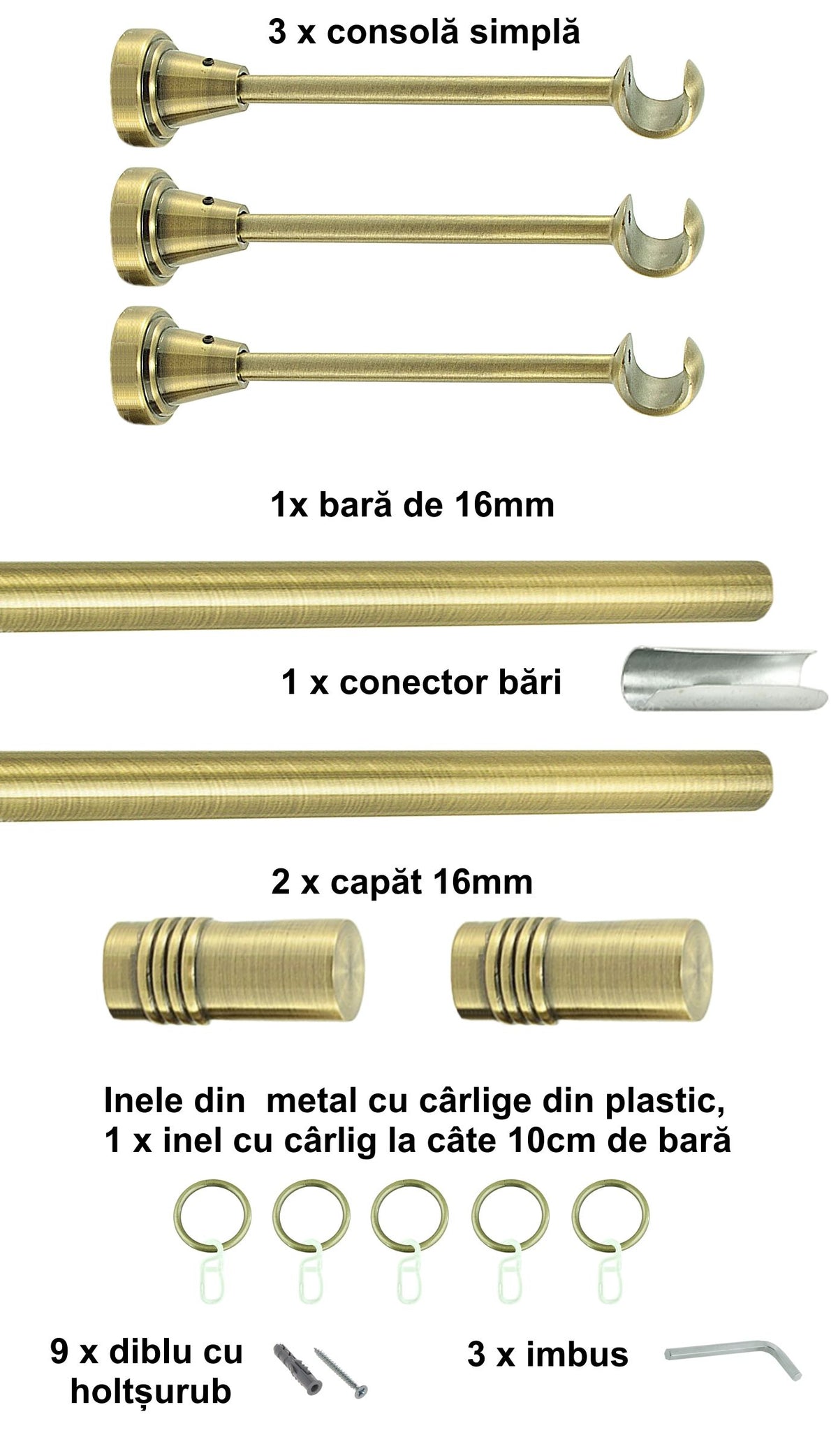 Galerie Metalică Celtex, simplă, clasică, cu inele, 16mm, antique brass (auriu antic)