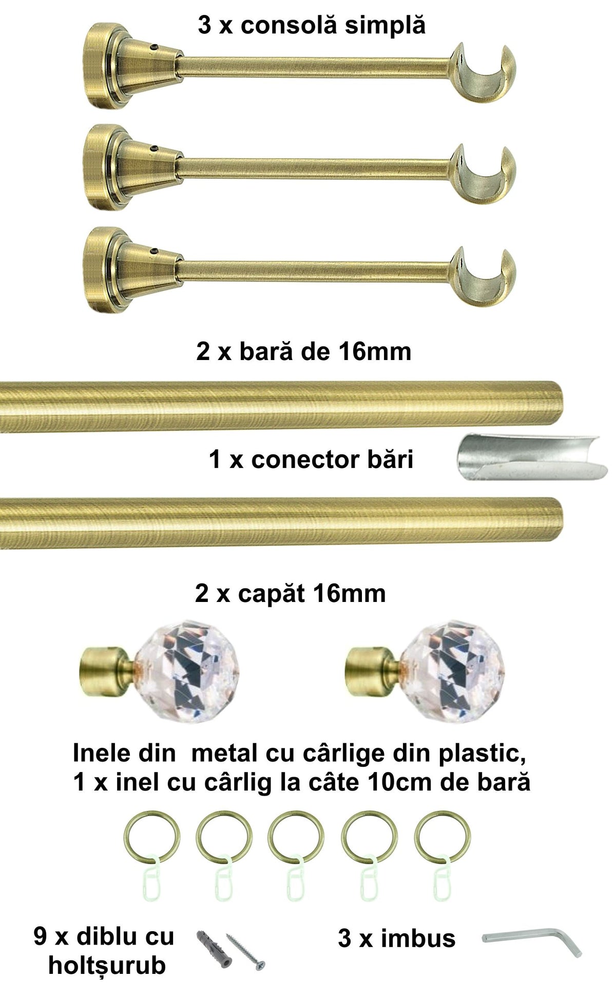 Galerie Metalică Cristal, simplă, clasică, cu inele, 16mm, antique brass (auriu antic)