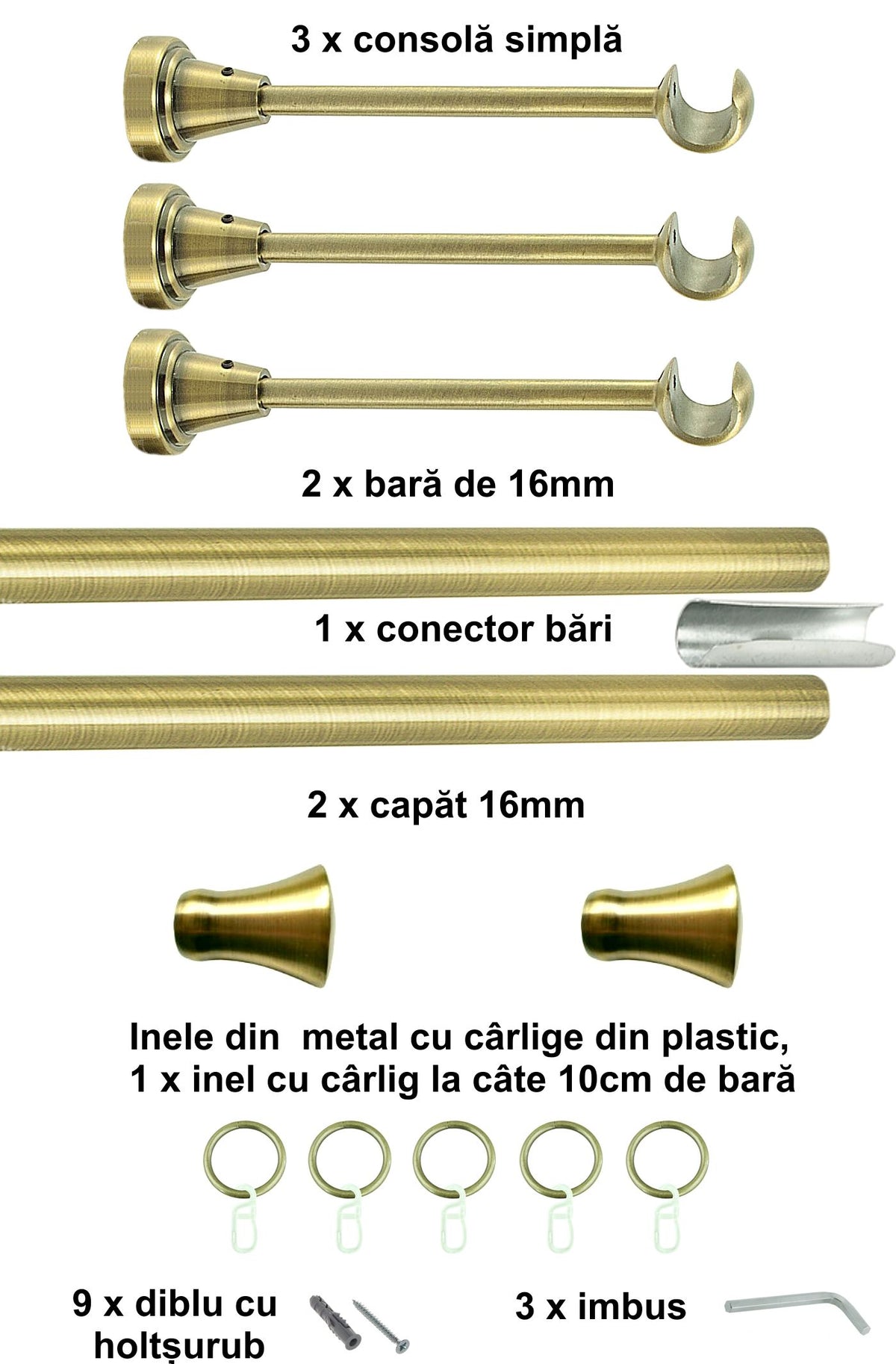 Galerie Metalică Monaco, simplă, clasică, cu inele, 16mm, antique brass (auriu antic)