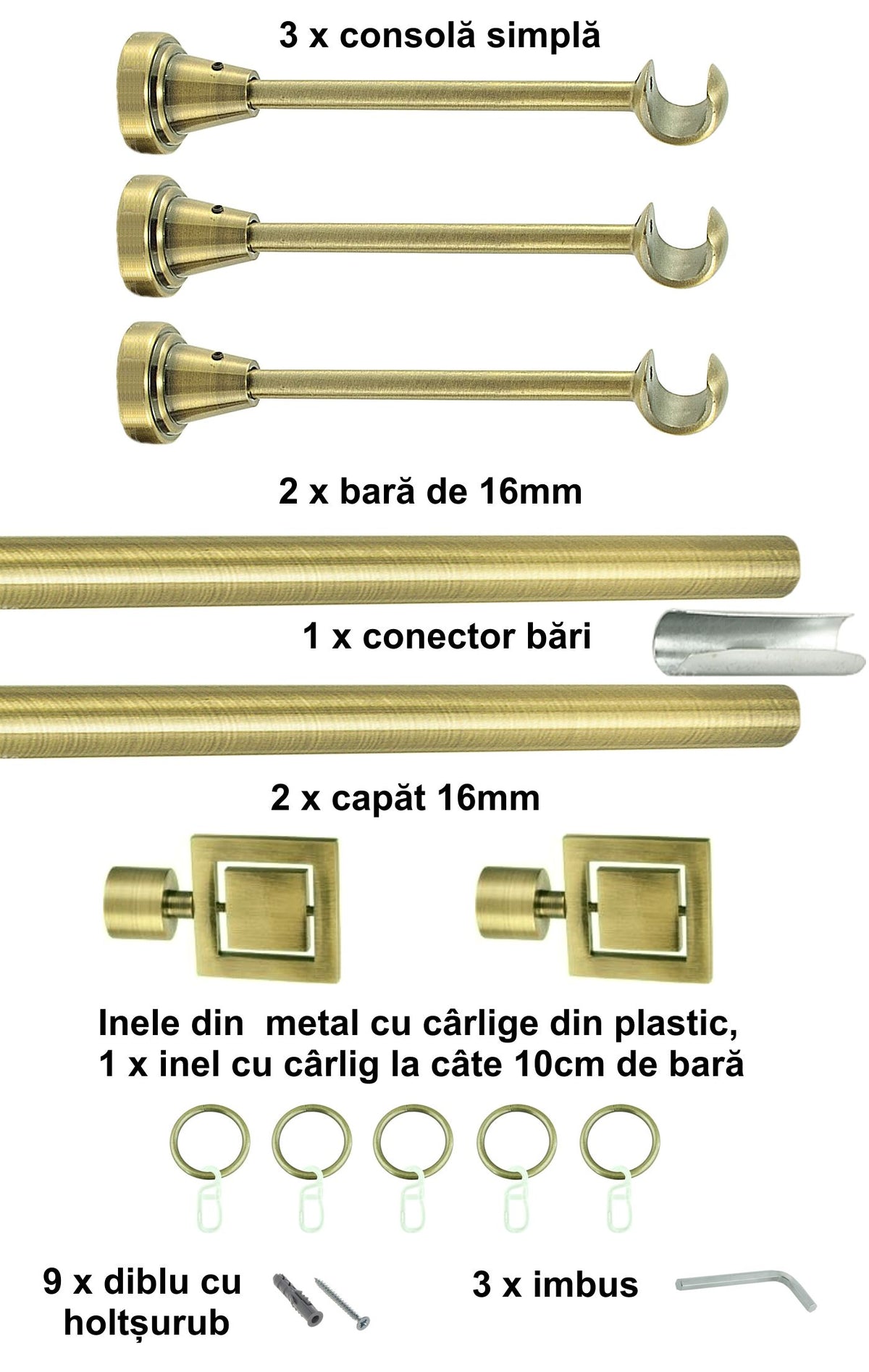 Galerie Metalică Saturn, simplă, clasică, cu inele, 16mm, antique brass (auriu antic)
